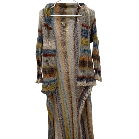 Relais Sweaters - Relais Mohair Blend Open Knit Duster Cardigan Striped Multi Color Medium